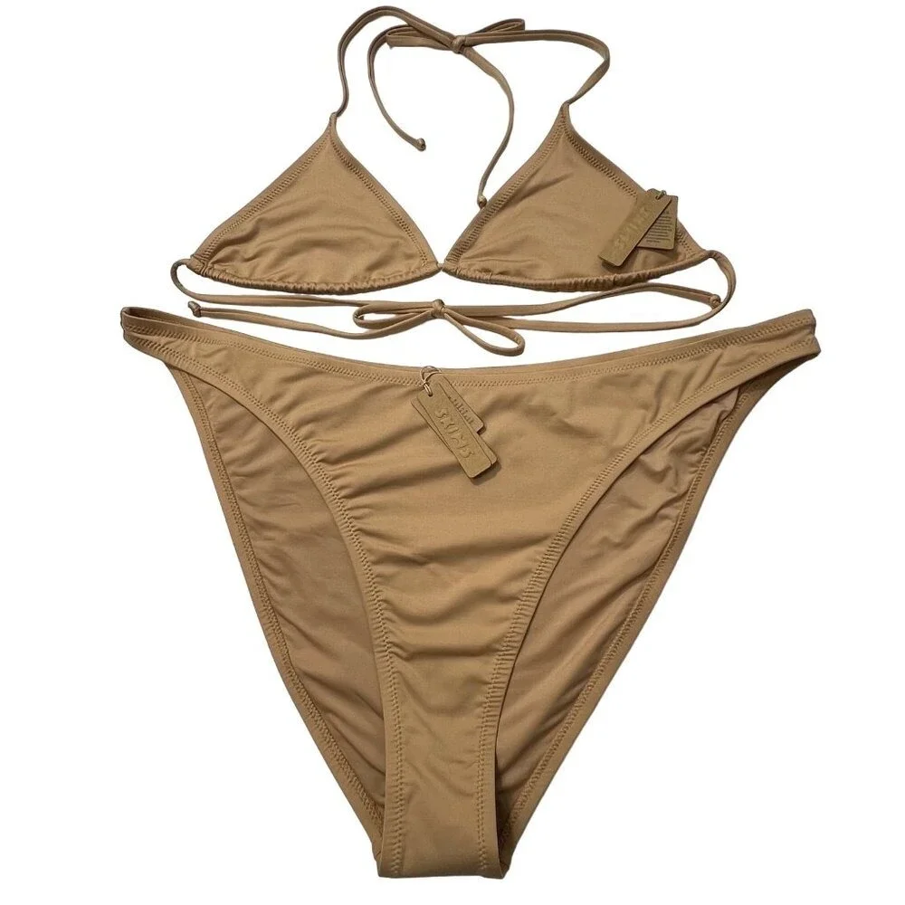 SKIMS Swim‎ Micro Triangle Top + Cheeky Tanga Bottom Bikini Set Ochre 3x